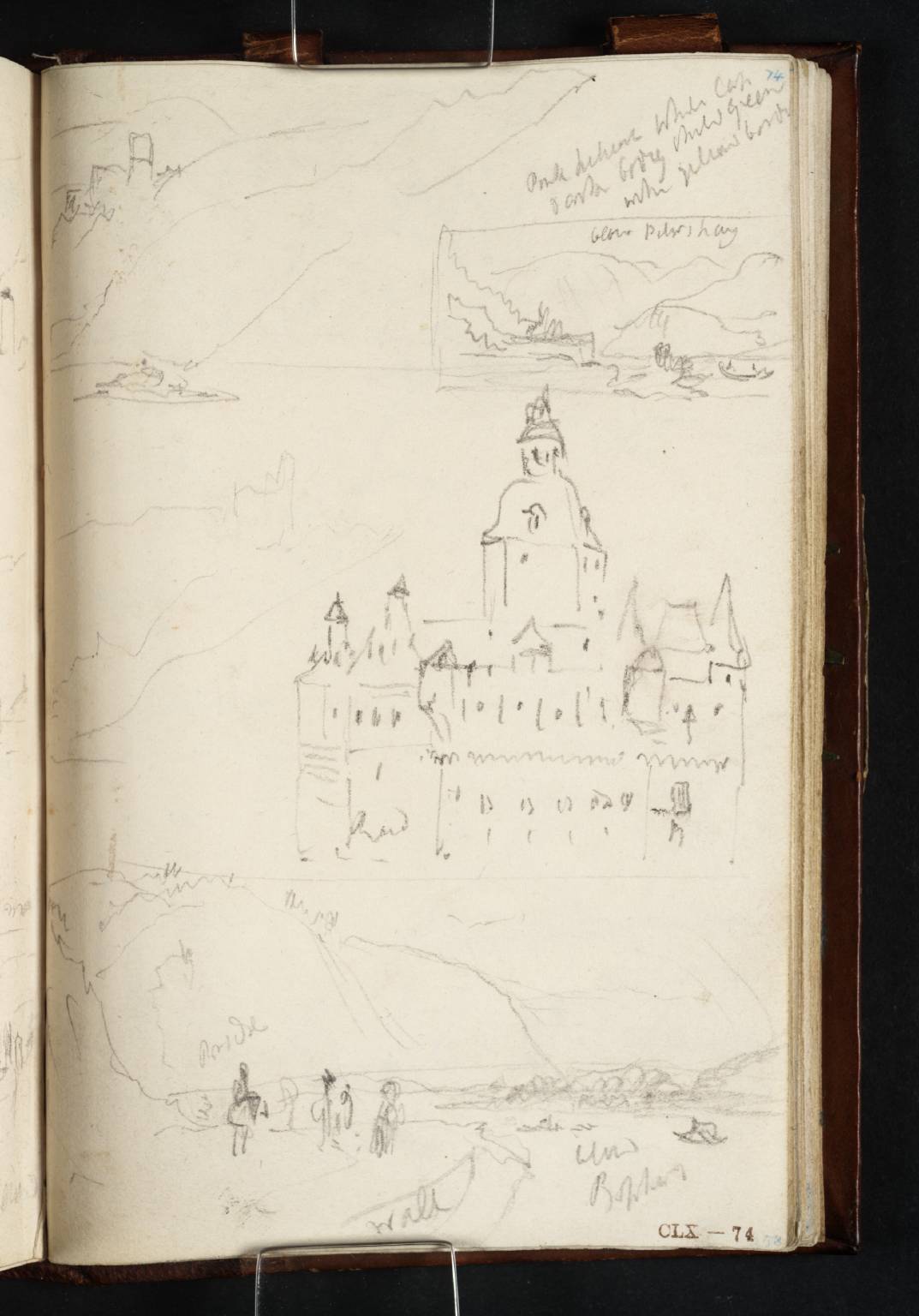 Views downstream: (1) to the Schönburg; (2) closer to the Pfalz; Views upstream: (3) at the Bend above Braubach, with Travellers and a Rainbow; (4) towards Peterspay, with Figures and a Boat; (5) The Pfalz, from between its Island and the East Bank