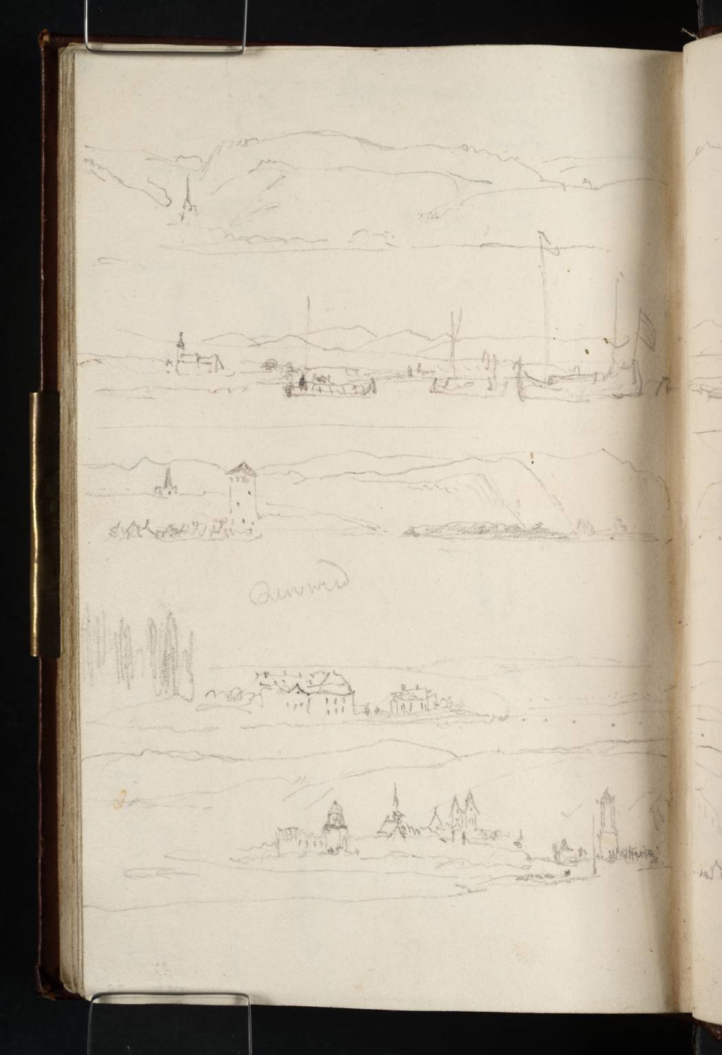 (1) Distant Hills; Downstream (2) to Andernach in Distance; (3) to Weissenthurm, Andernach and Neuwied, with Flying Bridge; (4) Upstream to Neuwied and Weissenthurm, with Flying Bridge; (5) Downstream to Andernach and the Devil’s House below Neuwied