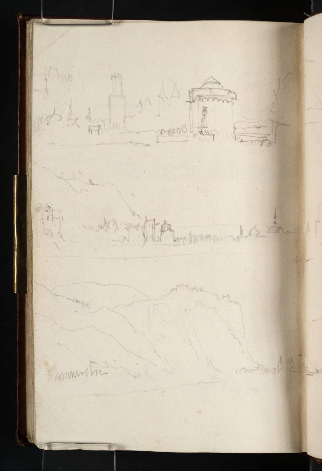 Three Sketches from a Boat on the Rhine, above and below Andernach: (1) The Waterfront at Andernach with the Watch Tower and Crane; (2) The Waterfront at Andernach, Looking Downstream; (3) View upstream past Hammerstein to Andernach