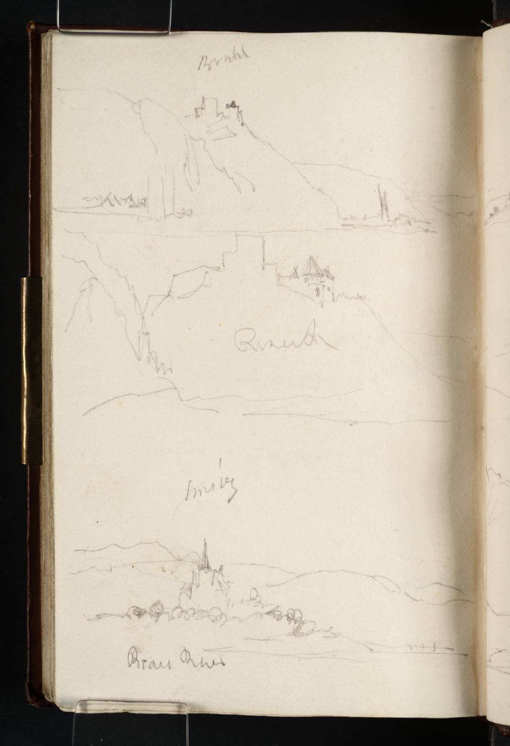 Three Sketches from a Boat on the Rhine: (1) Burg Rheineck above the Village of Brohl, Looking Downstream; (2) Burg Rheineck, Looking Downstream; (3) Sinzig