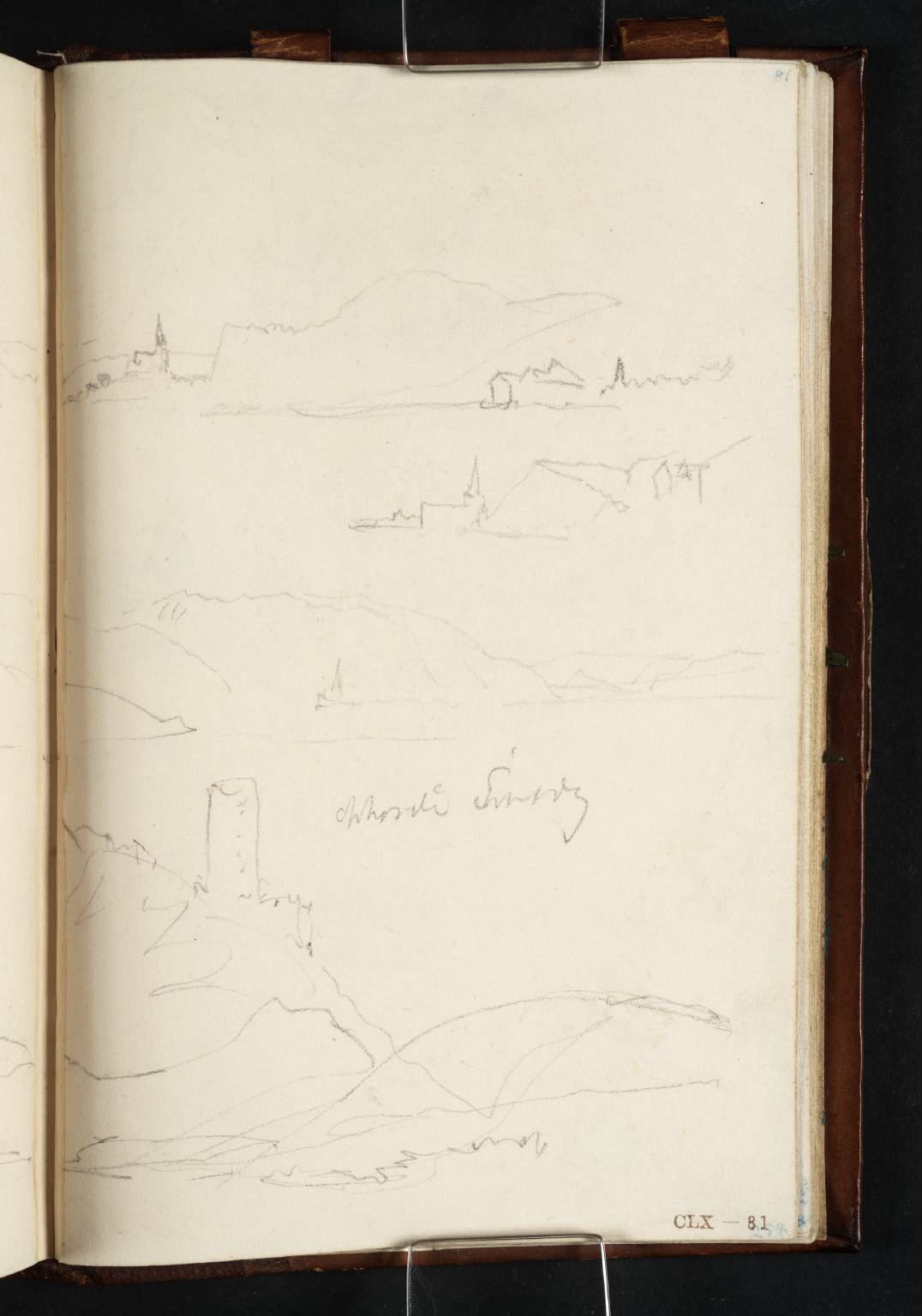 Three Sketches from a Boat on the Rhine: (1) Burg Rheineck above the Village of Brohl, Looking Downstream; (2) Burg Rheineck, Looking Downstream; (3) Sinzig; (4) Tower on Hillside