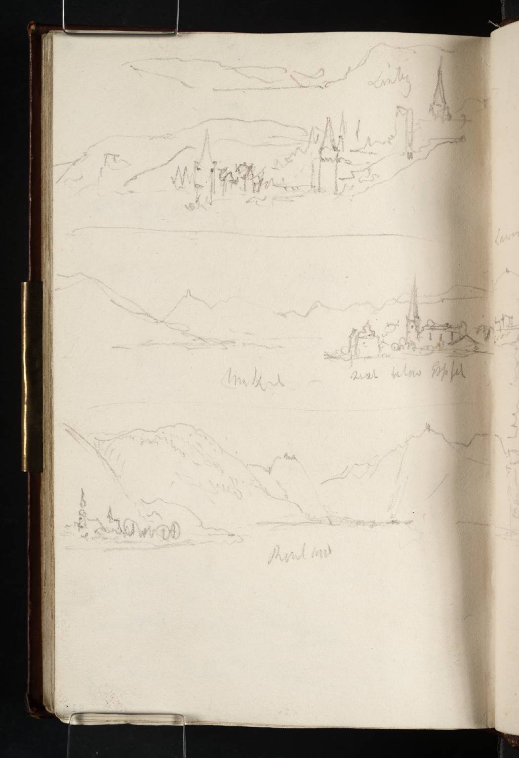 Sketches from a Boat on the Rhine, Looking Downstream: (1) Distant Hills; (2) Linz; (3) Unkel, with Drachenfels in the Distance; (4) Nonnenwerth and Drachenfels