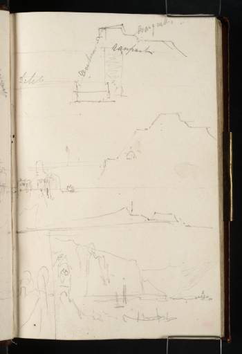 Joseph Mallord William Turner, ‘Two Cross-Sections of Fortifications; 'The Brothers'; Continuation of a Village Street (?Oberwesel); the Rhine Riverside, with a Wayside Shrine’ 1817