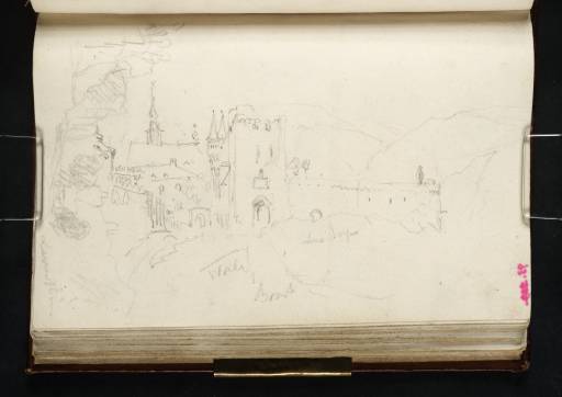 Joseph Mallord William Turner, ‘Boppard, Looking down the River Rhine to the Franciscan Church, Ritter-Schwalbach Haus, Sandtor and Town Walls; Burg Sterrenberg and Burg Liebenstein ('The Brothers'), Looking down the Rhine from the West Bank’ 1817