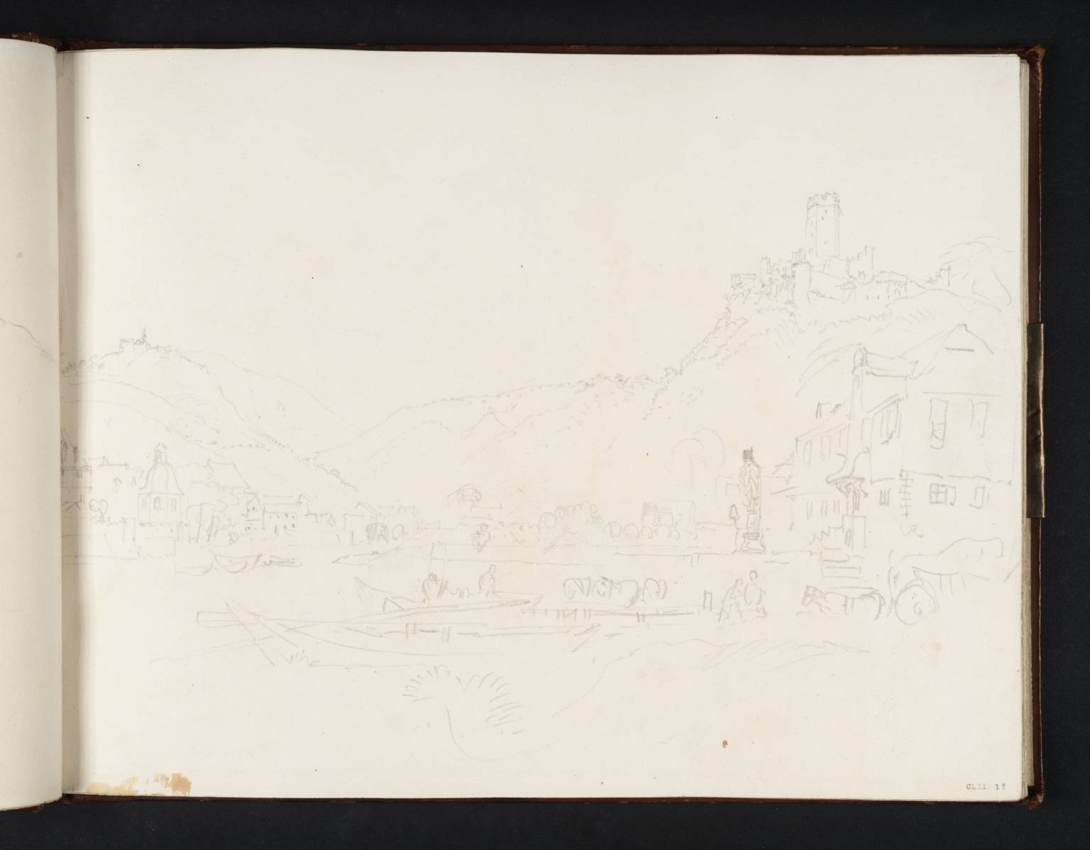 View up the Lahn with the Turreted Customs House and Burg Lahneck, from the Landing-Stage at Oberlahnstein