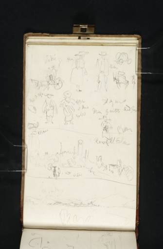 Joseph Mallord William Turner, ‘Studies of Men, Women, a Horse and Cart and a Donkey; an Italian Town with a Tall Tower; a Town with Distant Mountains’ 1819