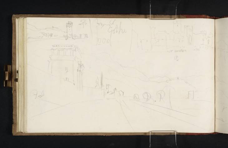 Joseph Mallord William Turner, ‘Sketches on the road between Foligno and Trevi; including the Torre di Matigge and the Castle of Sant'Eraclio’ 1819