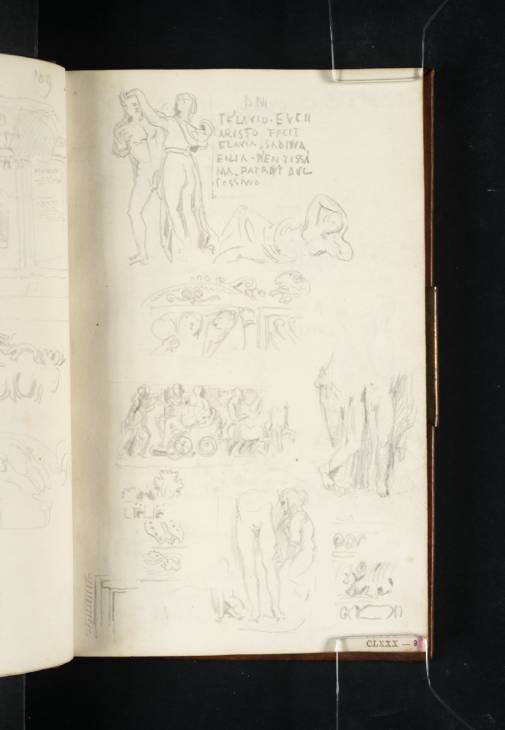 Joseph Mallord William Turner, ‘Studies of Sculptural Fragments and Reliefs from the Vatican Museums, Including the Ash-Urn of T. Flavius Eucharistus, and the Statue Base of Attius Insteius Tertullus’ 1819