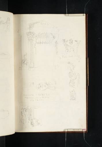 Joseph Mallord William Turner, ‘Studies of Sculptural Fragments and Reliefs from the Vatican Museums, Including an Aedicule and Pediment, and the Grave Altar of Manlia Iucunda’ 1819