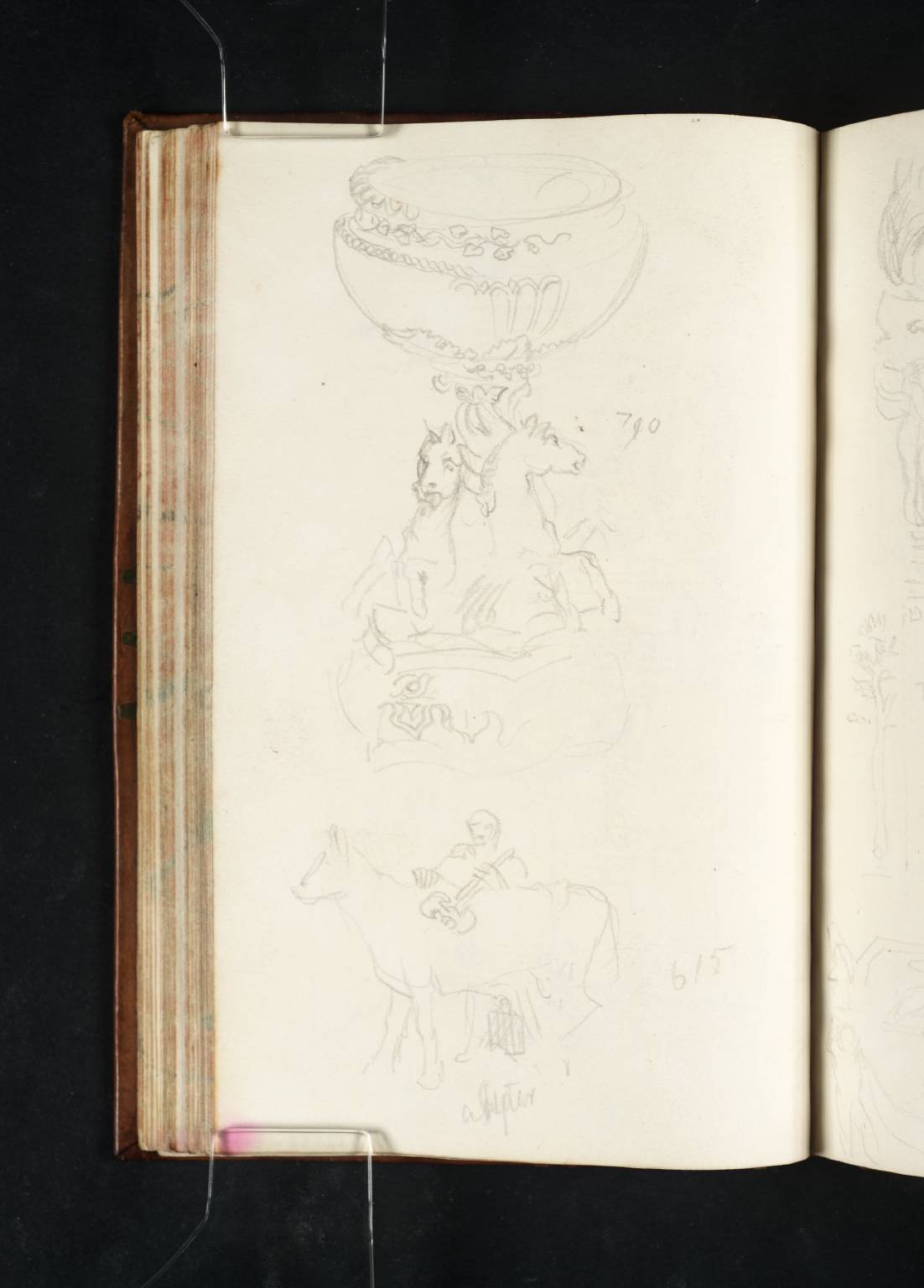 Studies of Sculptural Fragments from the Vatican Museums, Including a Vase on a Base with Sea Horses and a Statuette of a Cow and Pan