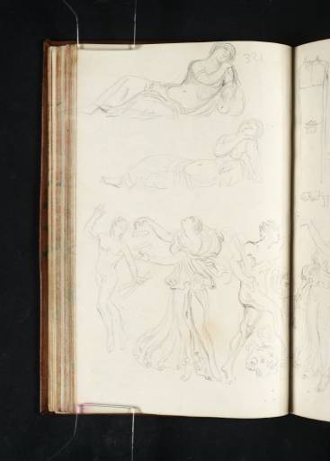 Joseph Mallord William Turner, ‘Studies of Sculptural Fragments from the Vatican Museums, Including Two Sketches of a Reclining Nymph and Four Figures from a Sarcophagus Depicting the Dance of Bacchus’ 1819