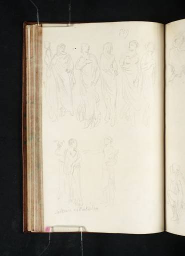 Joseph Mallord William Turner, ‘Studies of Sculptural Fragments from the Vatican Museums, Including Six Sketches of Female Figures, from the Column with Reliefs of the Hours, and Detail of the Protesilaus and Laodamia Sarcophagus’ 1819