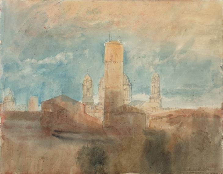 Joseph Mallord William Turner, ‘Milan: The Skyline at Dawn, with the Campanile of San Giovanni in Conca, the Church of Sant'Alessandro in Zebedia and the Basilica of San Lorenzo, from the Albergo dei Tre Re’ 1819