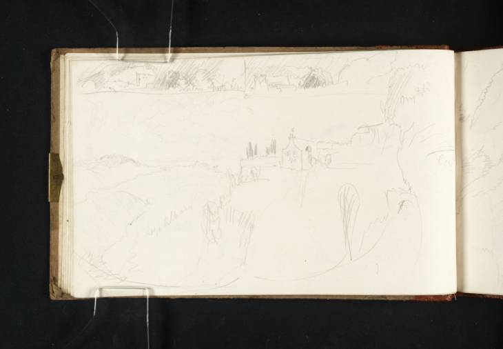 Joseph Mallord William Turner, ‘Lake Albano and the Monastery of Palazzola; and Two Sketches of a Cave, possibly the Fountain of Aqua Ferentina’ 1819