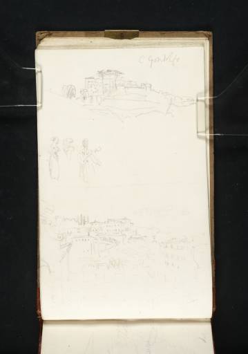 Joseph Mallord William Turner, ‘Three Sketches: The Pope's Palace, Castel Gandolfo; Sketches of a Female Figure; and Unidentified Buildings in a landscape’ 1819
