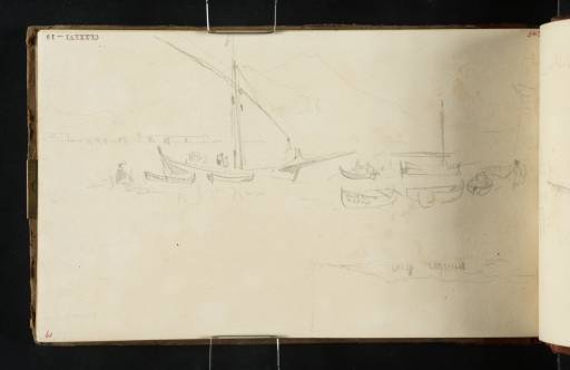 Joseph Mallord William Turner, ‘A Felucca and Other Boats Docked in the Bay of Naples, with Vesuvius Beyond; and a Distant View of the Temples of Paestum’ 1819