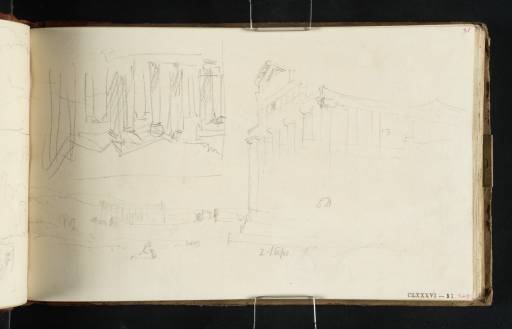 Joseph Mallord William Turner, ‘Two Sketches at Paestum: the Eastern End of the Temple of Athena (formerly known as the Temple of Ceres); and the Interior of the Second Temple of Hera (formerly known as the Temple of Neptune)’ 1819