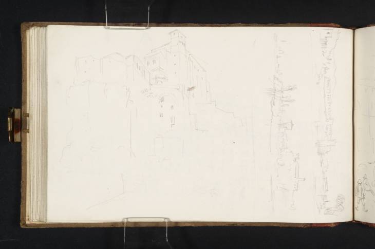 Joseph Mallord William Turner, ‘The Tarpeian Rock on the Capitoline Hill, Rome; Also Two Views on Banks of Tiber near the Aventine Hill’ 1819