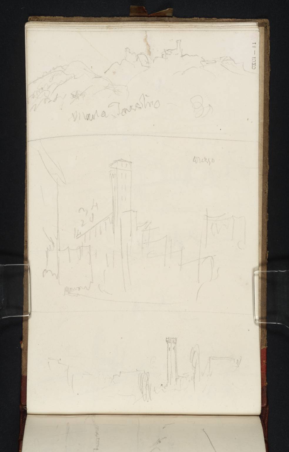 Three Sketches, Including the Tower of Santa Maria della Pieve at Arezzo and the Tower of the Cathedral, Fiesole