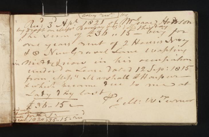 Joseph Mallord William Turner, ‘Inscription by Turner: Receipt for Rent Payments’ 1821