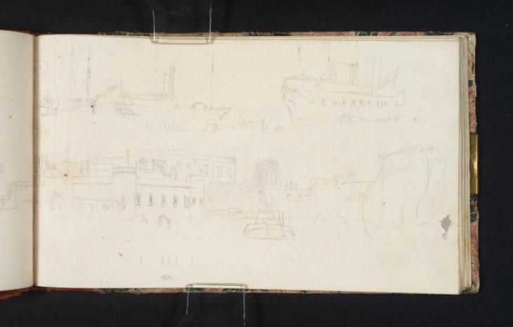 Joseph Mallord William Turner, ‘The Tower of London from the River Thames; Studies of the Hulk 'Perseus', a Paddle Steamer, and other Shipping’ c.1823-4