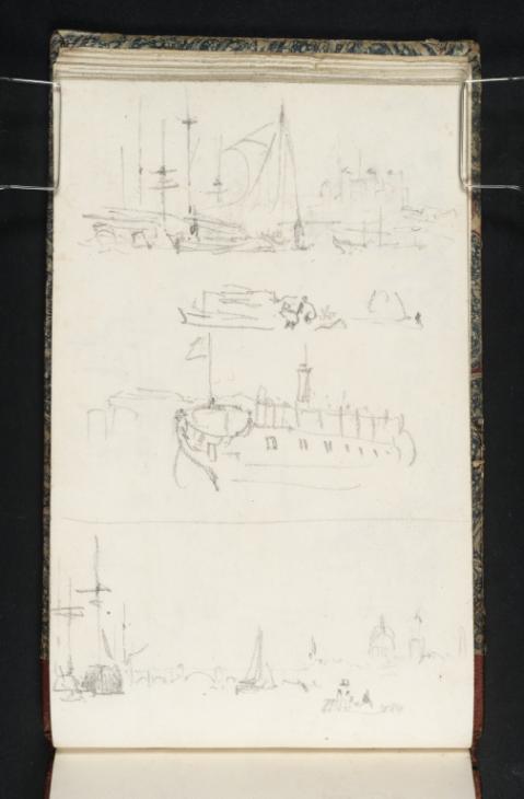 Joseph Mallord William Turner, ‘Shipping on the River Thames off the Tower of London; the Hulk 'Perseus'; the Pool of London with Old London Bridge and St Paul's Cathedral Beyond’ ?1824