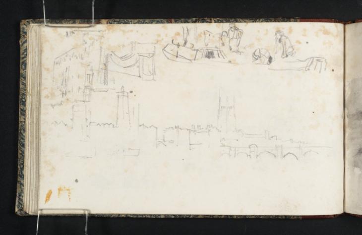 Joseph Mallord William Turner, ‘The Pool of London below Old London Bridge, with the Shot Tower and Southwark Cathedral Beyond; Studies of a Barge, a Façade and an Arch of the Bridge’ ?1824