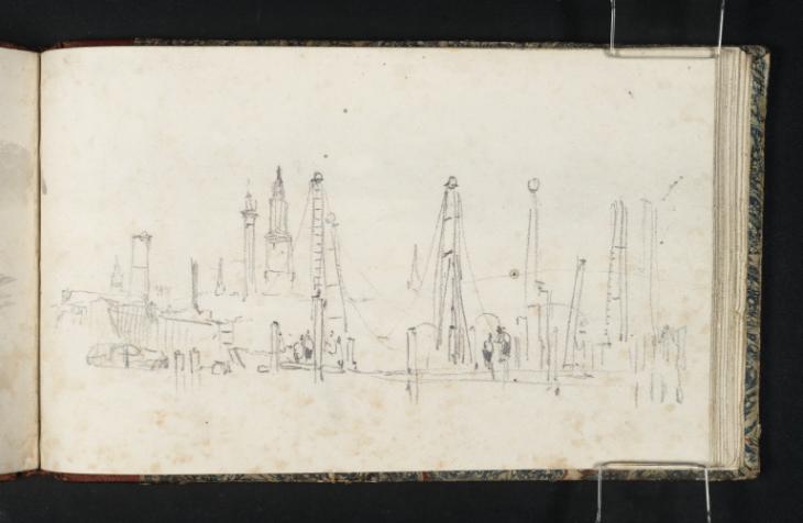 Joseph Mallord William Turner, ‘Staging and Piledrivers on the River Thames above Old London Bridge, with St Magnus the Martyr's Church and the Monument Beyond’ ?1824