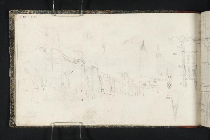 Joseph Mallord William Turner, ‘Old London Bridge from the Southwark Side of the Pool of London, with St Magnus the Martyr's Church and the Monument Beyond; the Tower of Southwark Cathedral’ ?1824