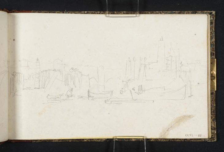Joseph Mallord William Turner, ‘A Coffer-Dam and Piledrivers on the River Thames above Old London Bridge, with the Shot Tower Beyond’ 1824