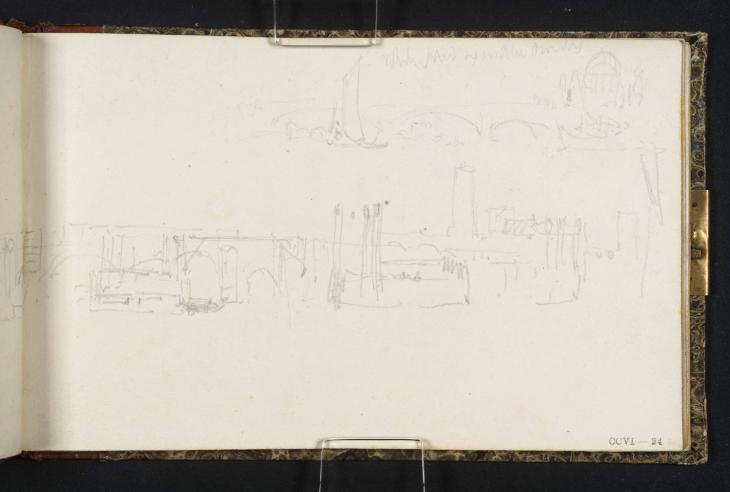 Joseph Mallord William Turner, ‘Coffer-Dams and Piledrivers on the River Thames above Old London Bridge, with St Magnus the Martyr's Church and the Monument; Southwark Bridge with St Paul's Cathedral’ 1824