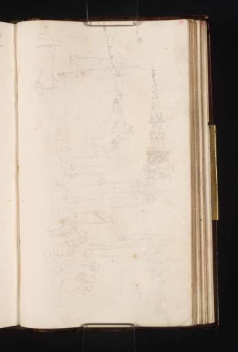 Joseph Mallord William Turner, ‘Studies of the Gothic Spire of the Oude Stadhuis, Rotterdam; Moored Sailing Boats on the Kolk and ?a Market on the Rijstuin Quay, with St Lawrence's Church Beyond’ 1825