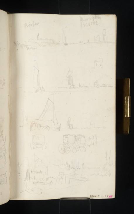 Joseph Mallord William Turner, ‘Studies of Boats under Sail off the Huis te Merwede, near Dordrecht; Carriages; Shipping, with the Grote Kerk and Groothoofdspoort at Dordrecht in the Distance’ 1825