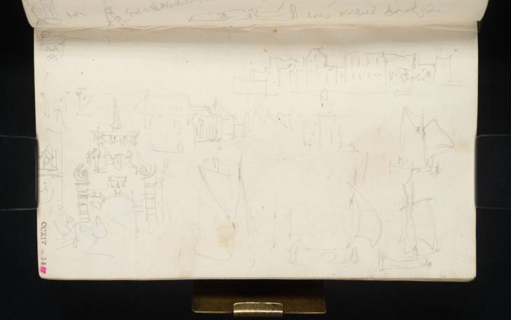 Joseph Mallord William Turner, ‘The Melkpoortje Gateway, Dordrecht; ?Waterfront Buildings; Studies of Boats under Sail’ 1825