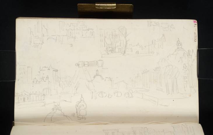 Joseph Mallord William Turner, ‘Boats on the Leuvehaven, Rotterdam, with the Zeevismarkt and Lutheran Church Flanking the Houtbrug over the Blaak; the Soetenbrug over the Steigersgracht; the Leuvehaven; the Church's Dome and Clock; the Statue of Erasmus’ 1825