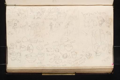 Joseph Mallord William Turner, ‘The Waag Gatehouse, Amsterdam, from the Kloveniersburgwal; Groups of Figures including Women with Laundry; Studies of Crockery and Kitchenware’ 1825