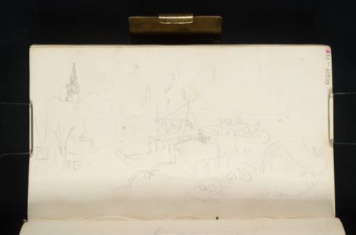 Joseph Mallord William Turner, ‘The Spire of the Twee Leeuwen Brewery above the Leuvehaven, Rotterdam; Study of Moored Barges with a Washing Line’ 1825