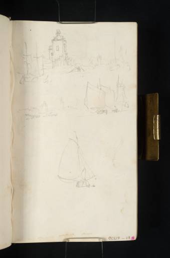 Joseph Mallord William Turner, ‘Scenes on the Delftse Schie, with Sailing Boats off a Small Building and the Spires of Delft in the Distance; Study of a Boat under Sail’ 1825