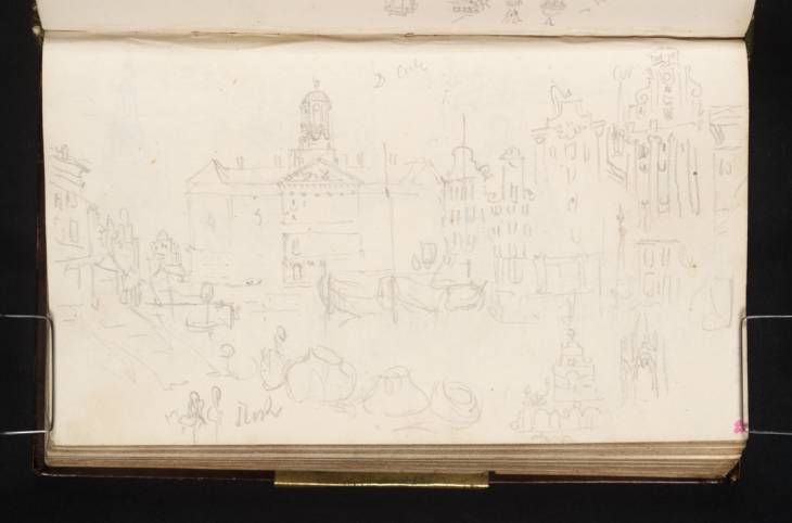 Joseph Mallord William Turner, ‘The Royal Palace, Amsterdam, across the Dam Square to the West, with Boats on the Damrak; Studies of Storks, Baskets or Sacks and Architectural Details’ 1825