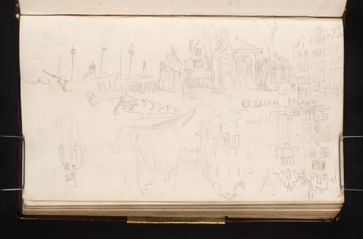 Joseph Mallord William Turner, ‘Boats off the Realeneiland in Amsterdam's Western Harbour off the River IJ; Gabled Houses along the Island's Zandhoek Quay; Study of a Sailor’ 1825
