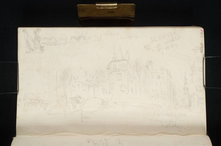 Joseph Mallord William Turner, ‘The IJ Riverfront, Amsterdam, with the Schreierstoren between the Geldersekade and Ouderzijds Kolk, and the Spire of the Oude Kerk in the Distance; Detail of a Relief Panel from the Tower; the Groote Kraan’ 1825
