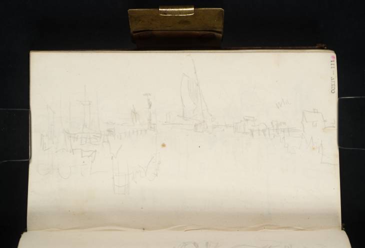 Joseph Mallord William Turner, ‘A Sailing Boat between Jetties on the IJ Riverfront at Amsterdam; Gables and a Turret ?near the Haringpakkerstoren’ 1825