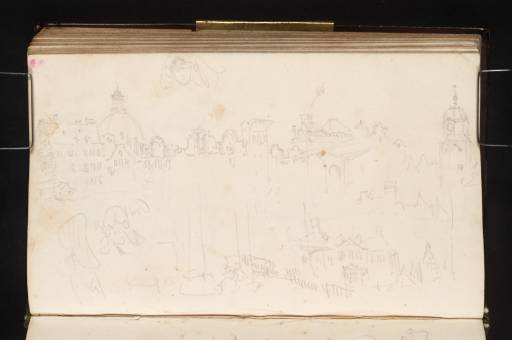 Joseph Mallord William Turner, ‘The IJ Riverfront at Amsterdam, with the Haringpakkerstoren, the Dome of the Lutheran Church, and the Bridge and Jetty Leading to the Nieuwe Stadsherberg; Studies of Women's Headgear’ 1825