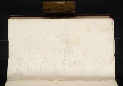 Joseph Mallord William Turner, ‘A Sailing Barge Moored beside a Quay with Others Beyond; a Wheelbarrow and Straw’ 1825