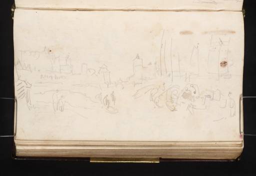 Joseph Mallord William Turner, ‘Figures and Boats along the Rhine Riverfront at Cologne, with the Cathedral and St Cunibert's Basilica in the Distance Downstream’ 1825