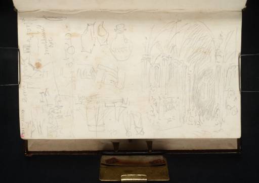 Joseph Mallord William Turner, ‘A Cologne Church Interior; ?the Trankgasse Gateway near the Cathedral; Studies of Jars, Boats and Figures’ 1825