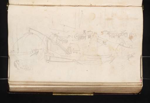 Joseph Mallord William Turner, ‘Boats Moored along the Rhine Riverfront at Cologne, Including Barges and a Fishing Boat with a Lift Net’ 1825