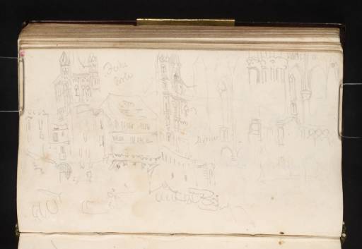 Joseph Mallord William Turner, ‘The Fischerpforte, Cologne, from the Rhine Riverfront, with the Great St Martin Church Beyond; the Tower of the Church; ?the Interior of the Cathedral’ 1825