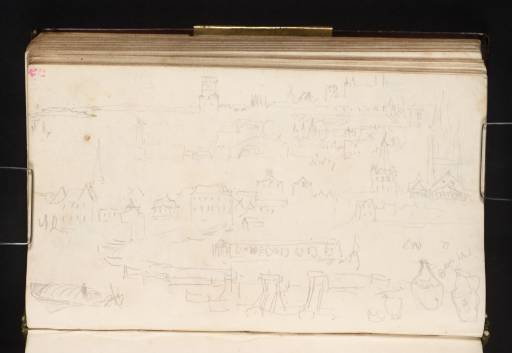 Joseph Mallord William Turner, ‘Riverfront Views from the Rhine at Cologne, with the Bayenturm Upstream and Barges off the Bridge of Boats, with the Spires of the Rathaus and Great St Martin Church Beyond; Studies of Pots’ 1825
