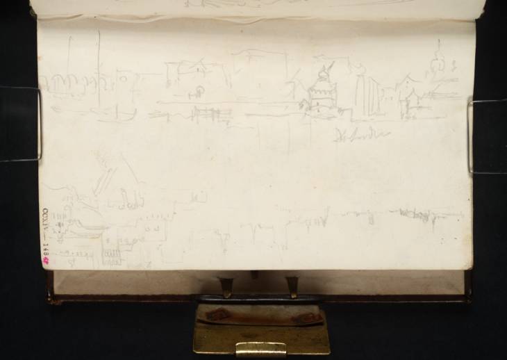 Joseph Mallord William Turner, ‘The Rhine Riverfront at Düsseldorf, with the Harbour Crane and St Maximilian's Church; Cologne from Downstream, with St Cunibert's Basilica, the Cathedral, Great St Martin Church and Rathaus, from near the Kunibertsturm’ 1825